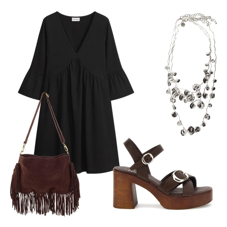 Outfit donna - Ufficio agosto. Stile Boho per Ufficio. Abbinamento con borse a tracolla, vestiti, collane, sandali in pelle.