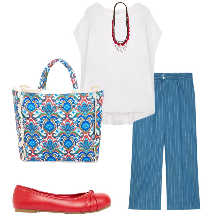 Outfit donna - Agosto di colore. Stile Casual chic per Tutti i giorni. Abbinamento con ballerine, bluse, jeans, collane, shopping bag.