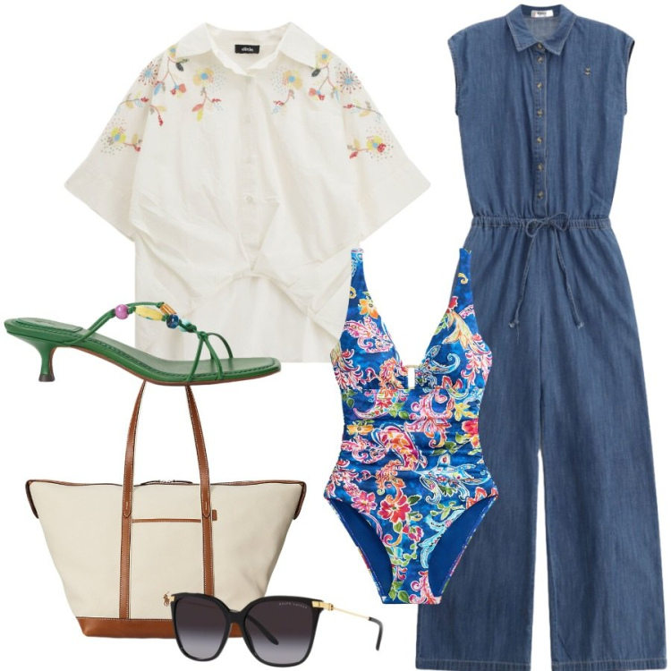 Outfit donna - Summer holiday. Stile Casual chic per Mare. Abbinamento con tute, camicie a manica corta, occhiali da sole, borse tote, sandali gioiello, costumi interi.