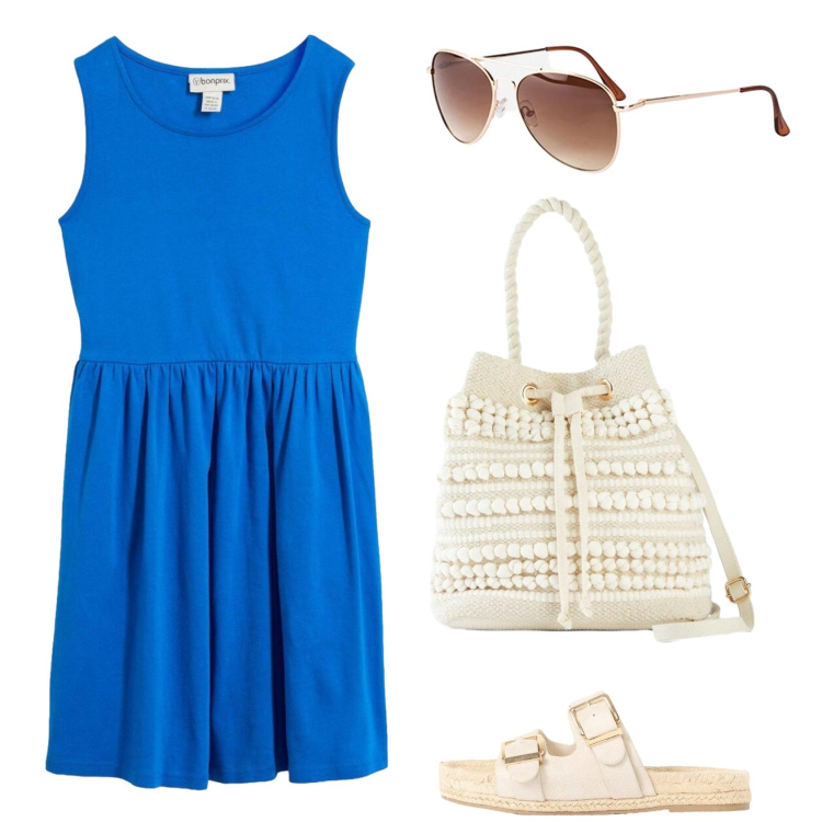 Outfit donna - Il minimo. Stile Basic per Tutti i giorni. Abbinamento con vestiti, ciabatte, borse a secchiello, occhiali da sole.