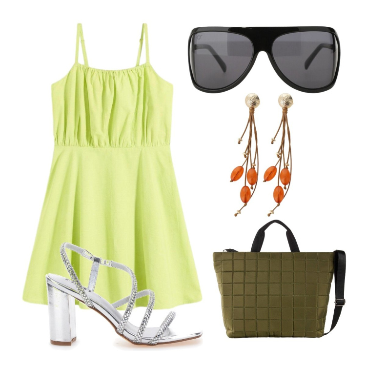 Outfit donna - Cerimonia di giorno. Stile Chic per Cerimonia. Abbinamento con vestiti corti, shopping bag, occhiali da sole, orecchini, sandali col tacco.