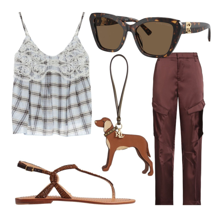 Outfit donna - Luglio. Stile Casual per Tutti i giorni. Abbinamento con pantaloni cargo, infradito, top, occhiali da sole, ciondoli.