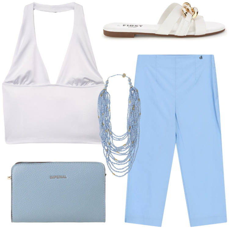 Outfit donna - Il ritorno dei pantaloni capri. Stile Chic per Tutti i giorni. Abbinamento con top, borse a tracolla, collane, pantaloni, ciabatte.