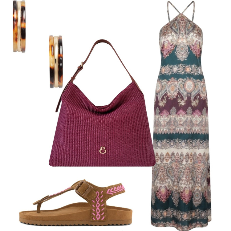 Outfit donna - Stile ed eleganza. Stile Minimal per Tutti i giorni. Abbinamento con vestiti lunghi, orecchini, borse a spalla, infradito.