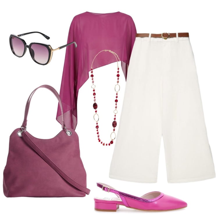 Outfit donna - Agosto: chic in bianco e fucsia. Stile Chic per Tutti i giorni. Abbinamento con borse a mano, occhiali da sole, pantaloni a palazzo, top, collane, ballerine.