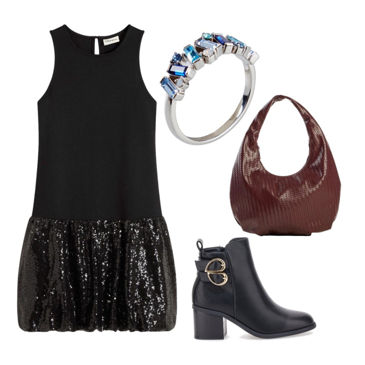 Outfit donna - Agosto. Stile Casual chic per Serata fuori. Abbinamento con vestiti corti, anelli, borse a mano, stivaletti.