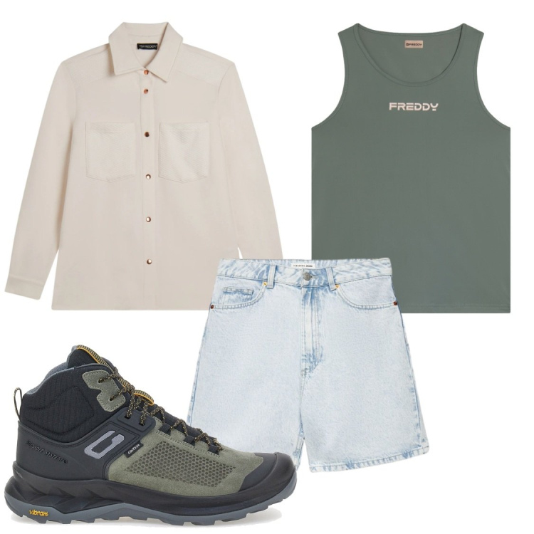 Outfit donna - Sulle montagne. Stile Chic per Tutti i giorni. Abbinamento con bermuda, camicie, canottiere, scarpe sportive.