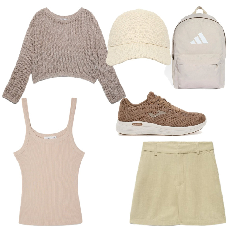 Outfit donna - Escursione in montagna. Stile Sporty chic per Sport. Abbinamento con shorts, cappelli con visiera, maglieria, canottiere, scarpe sportive, zaini.