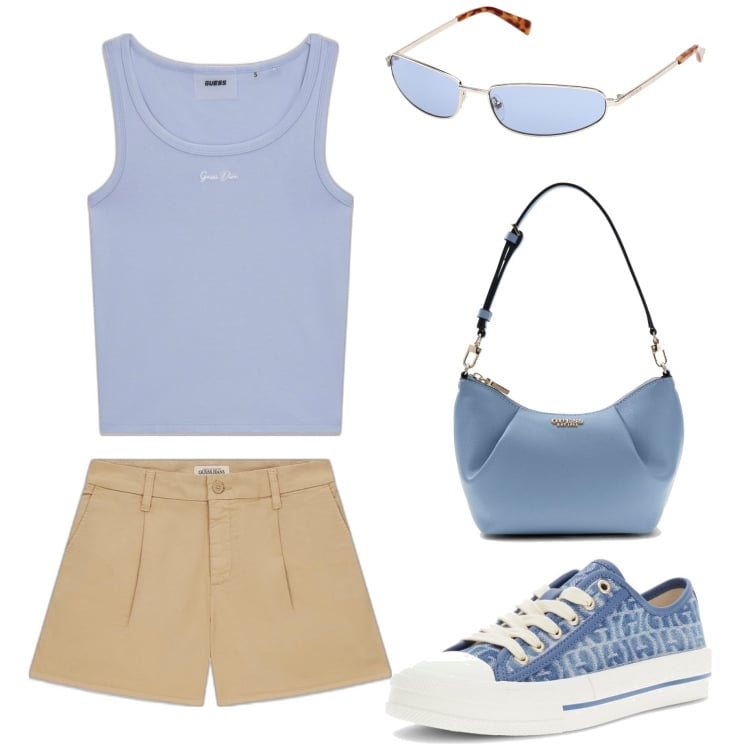 Outfit mujer - Chic #7186. Estilo Chic para Todos los días. Combinación con sneakers, camisetas sin mangas, pantalones cortos, bandoleras, gafas de sol.