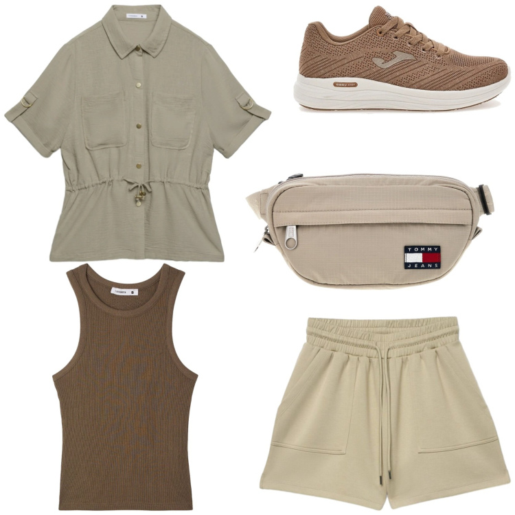 Outfit donna - Weekend in montagna. Stile Casual per Sport. Abbinamento con camicie a manica corta, canottiere, bermuda, scarpe sportive, borse sportive.