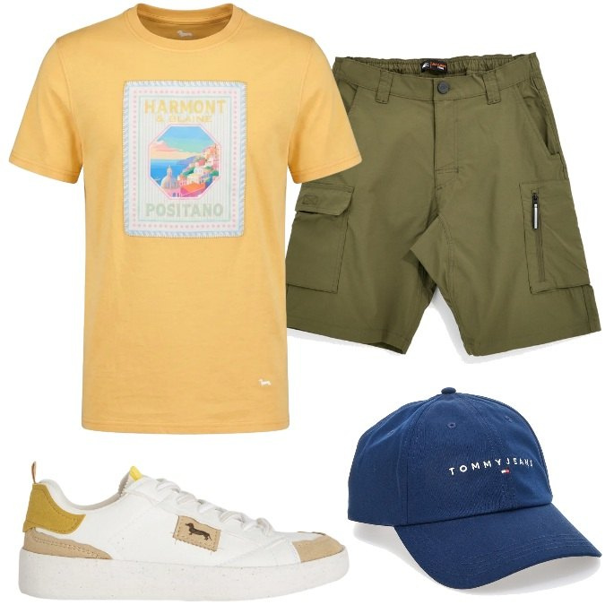 Outfit uomo - Total look #2443935. Stile Casual per Tutti i giorni. Abbinamento con sneakers, t-shirt, cappelli con visiera, bermuda.