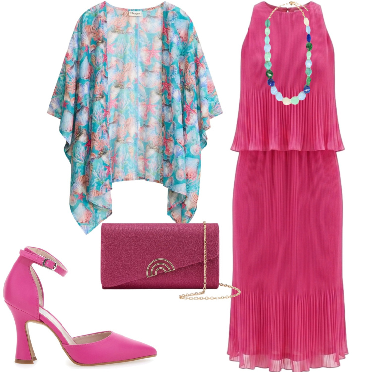 Outfit donna - Caftani e kimono. Stile Chic per Cerimonia. Abbinamento con kimono, vestiti midi/longuette, collane, décolleté, pochette.