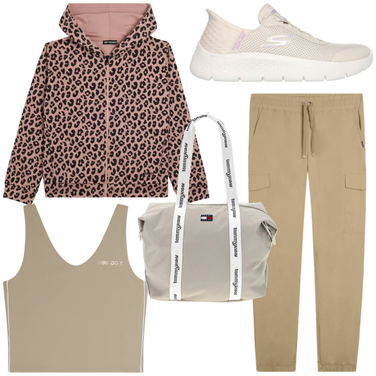 Outfit donna - Destinazione montagna. Stile Sporty chic per Sport. Abbinamento con felpe con cappuccio, pantaloni cargo, top sportivi, scarpe sportive, shopping bag.