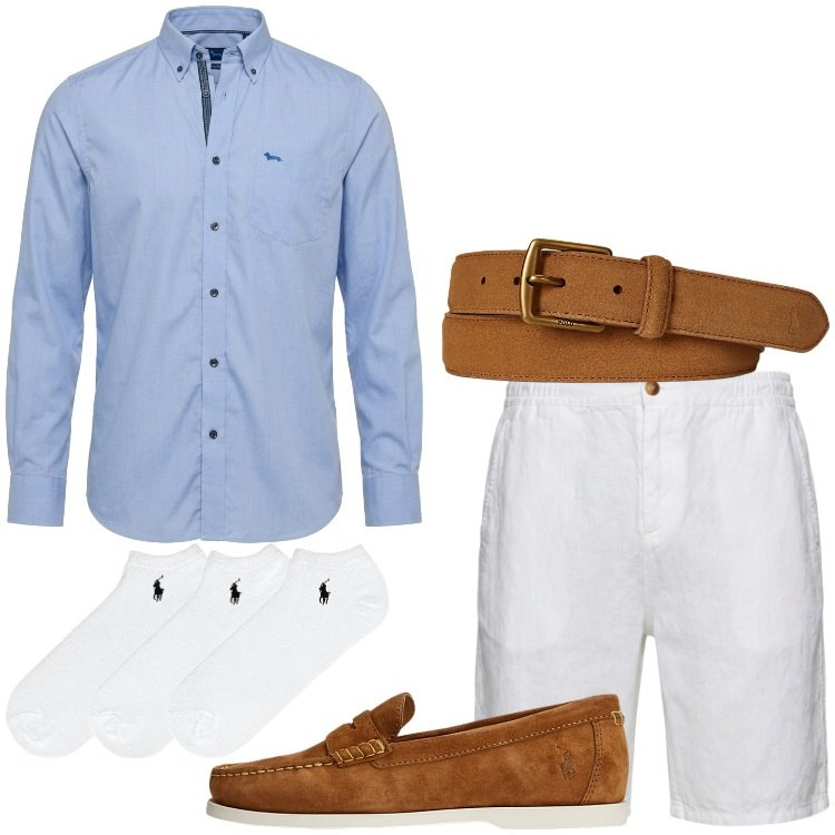 Outfit uomo - Resort mood. Stile Trendy per Tutti i giorni. Abbinamento con bermuda, camicie, calzini, scarpe stringate, cinture.