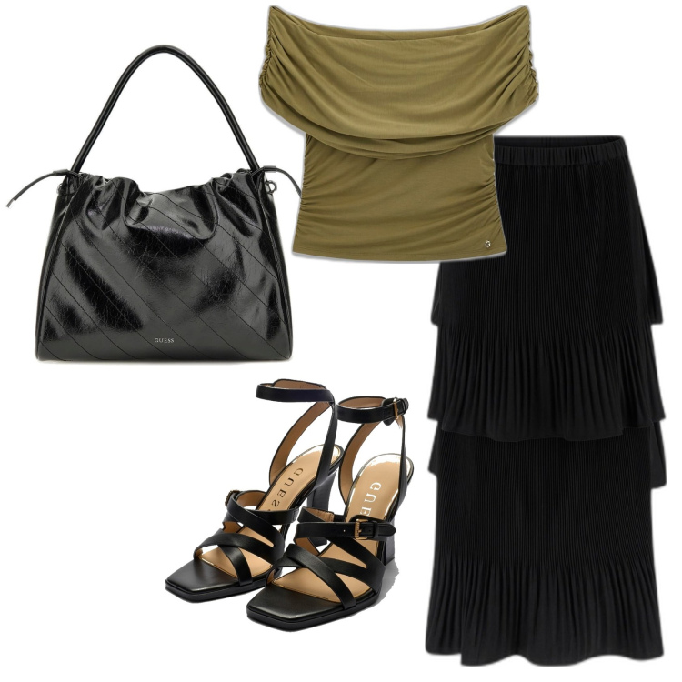 Outfit mujer - Glamour. Estilo Glamour para Todos los días. Combinación con sandalias de piel, faldas largas, top, bolsos de mano.