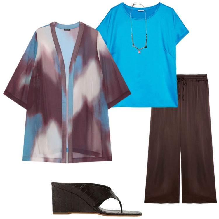 Outfit donna - Caftani e kimono. Stile Casual chic per Tutti i giorni. Abbinamento con sandali, pantaloni, kimono, t-shirt, ciondoli.