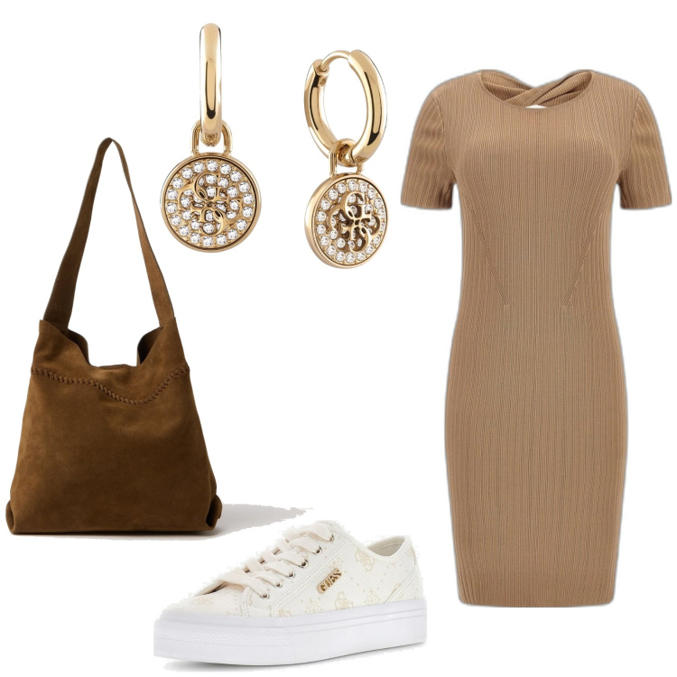 Outfit mujer - Basic look. Estilo Basic para Todos los días. Combinación con sneakers, pendientes, bolso shopper, vestidos.