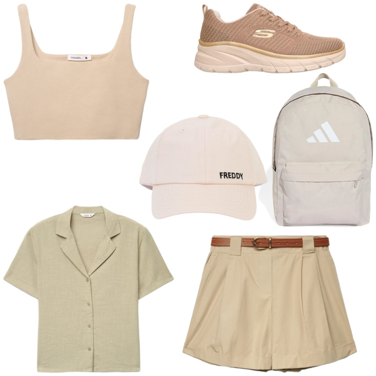 Outfit donna - Outfit ideas for mountain. Stile Casual per Sport. Abbinamento con camicie a manica corta, shorts, canottiere, cappelli con visiera, zaini, scarpe sportive.