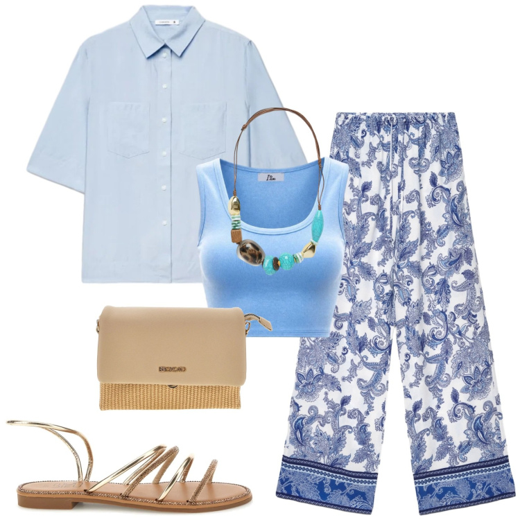 Outfit donna - Total look #2443960. Stile Casual per Tutti i giorni. Abbinamento con pantaloni, camicie a manica corta, canottiere, collane, borse a spalla, sandali.