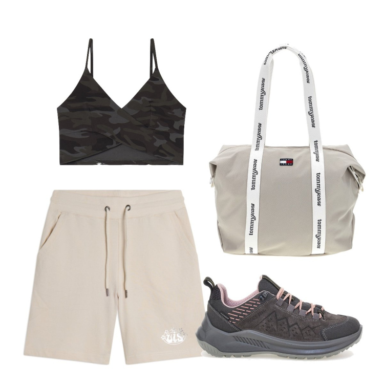 Outfit donna - Escursioni tra i boschi. Stile Military per Sport. Abbinamento con top, pantaloni corti, shopping bag, scarpe sportive.