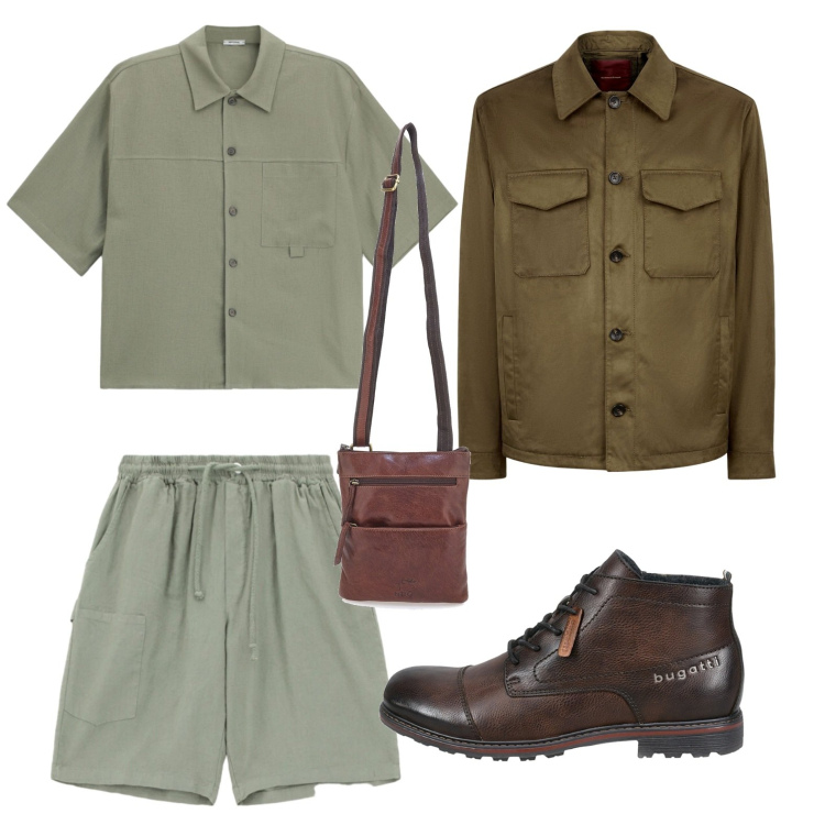 Outfit uomo - Mix di stili. Stile Casual per Tutti i giorni. Abbinamento con bermuda, camicie a manica corta, giacche, portafogli, stivali e stivaletti.