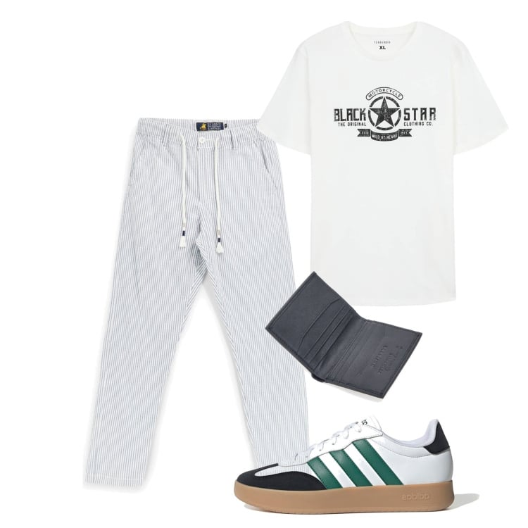 Outfit uomo - Agosto. Stile Urban per Tutti i giorni. Abbinamento con t-shirt, sneakers, pantaloni, portafogli.