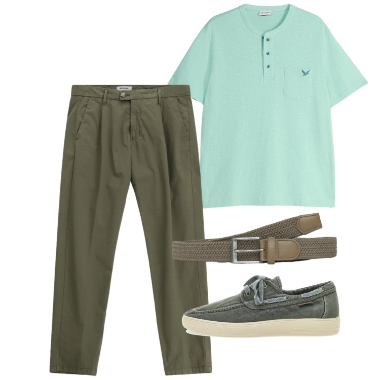 Outfit uomo - Agosto. Stile Casual per Tutti i giorni. Abbinamento con t-shirt, cinture, pantaloni, scarpe stringate.