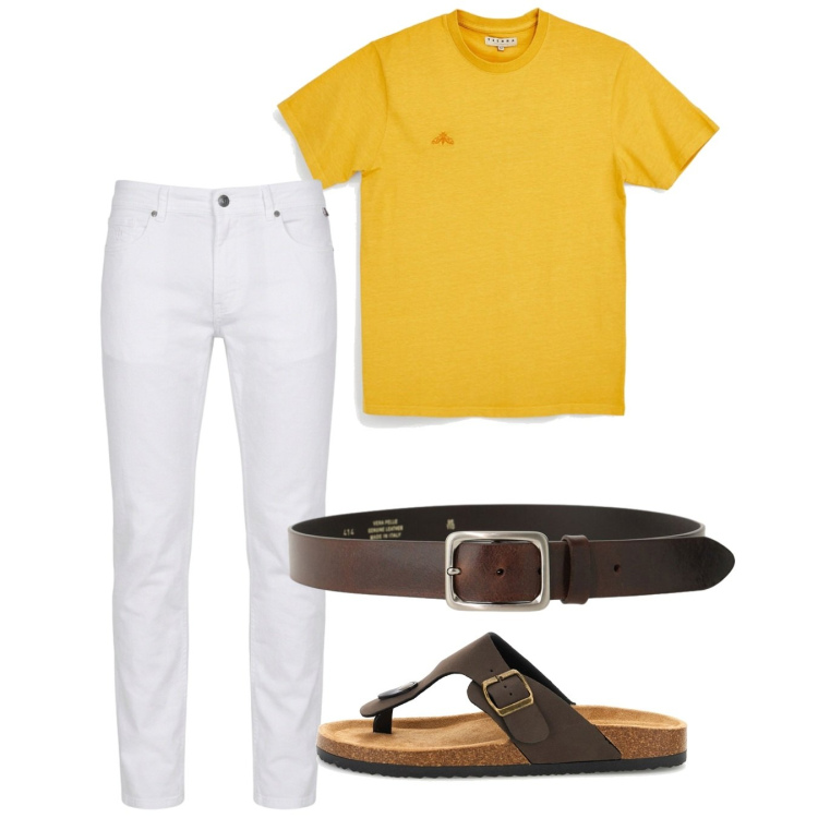 Outfit uomo - Agosto. Stile Casual per Tutti i giorni. Abbinamento con cinture, pantaloni, t-shirt, sandali.