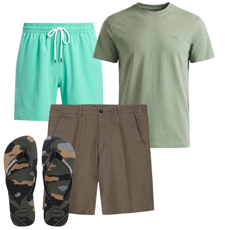 Outfit uomo - Casual Mare. Stile Casual per Tutti i giorni. Abbinamento con t-shirt, bermuda, costumi, sandali.
