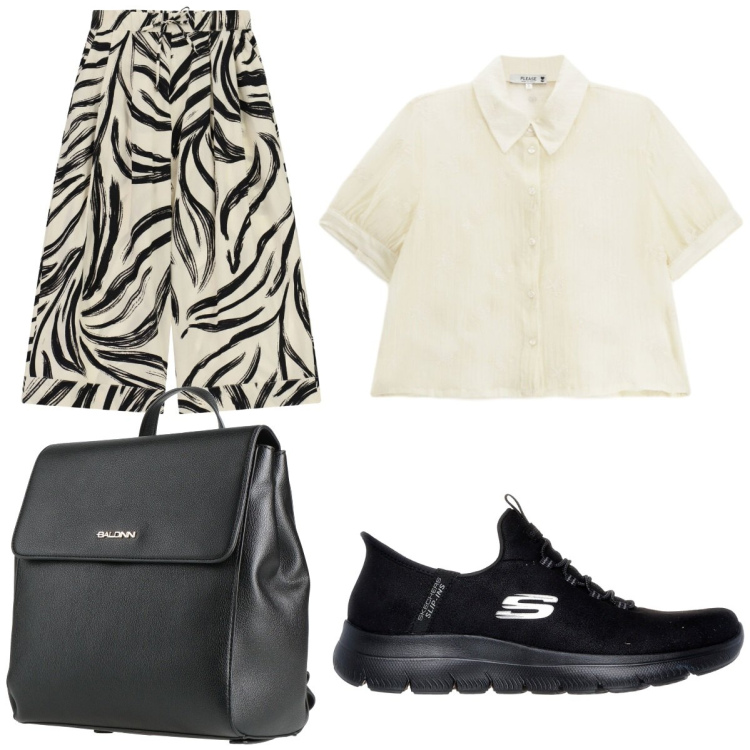 Outfit donna - Agosto in città. Stile Chic per Ufficio. Abbinamento con zaini, camicie a manica corta, pantaloni a palazzo, sneakers.