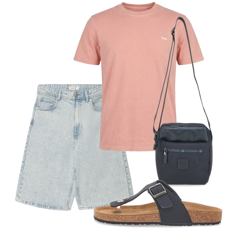 Outfit uomo - Agosto. Stile Casual per Tutti i giorni. Abbinamento con shorts, t-shirt, portafogli, sandali.
