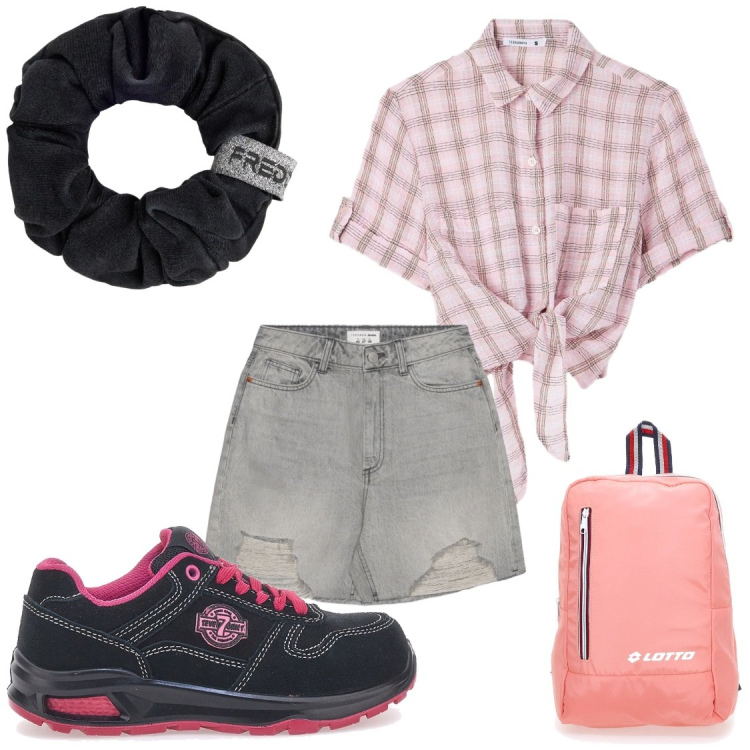 Outfit donna - In campeggio sui monti. Stile Casual per Tutti i giorni. Abbinamento con camicie a manica corta, shorts, accessori per capelli, zaini, scarpe sportive.