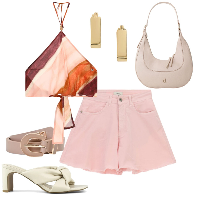 Outfit donna - Agosto. Stile Casual chic per Tutti i giorni. Abbinamento con borse a tracolla, top, shorts, cinture, orecchini, sandali col tacco.