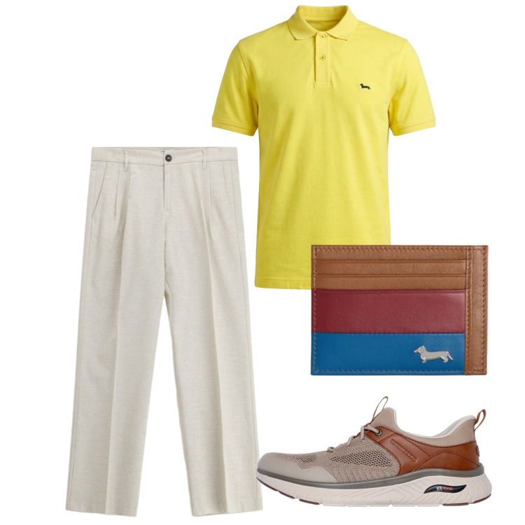 Outfit uomo - Agosto cedro. Stile Casual per Tutti i giorni. Abbinamento con pantaloni, polo, portafogli, scarpe stringate.