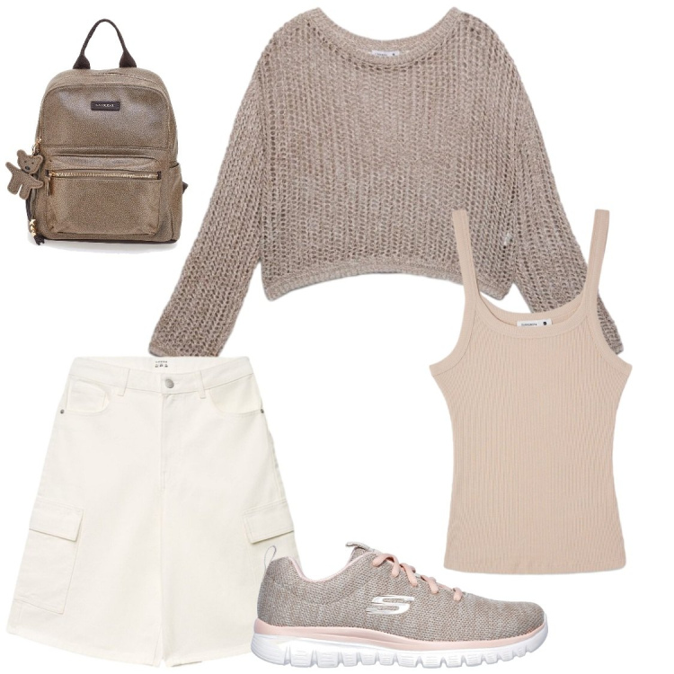 Outfit donna - Passeggiate chic in montagna. Stile Chic per Tutti i giorni. Abbinamento con pantaloni corti, maglieria, canottiere, scarpe sportive, zaini.