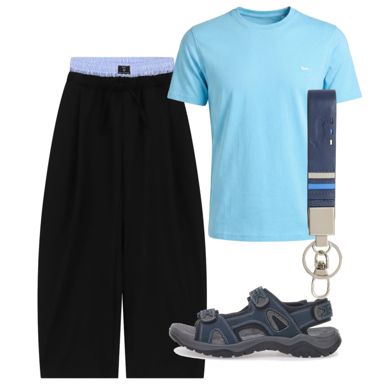 Outfit uomo - Agosto. Stile Urban per Tutti i giorni. Abbinamento con pantaloni, portachiavi, t-shirt, sandali.