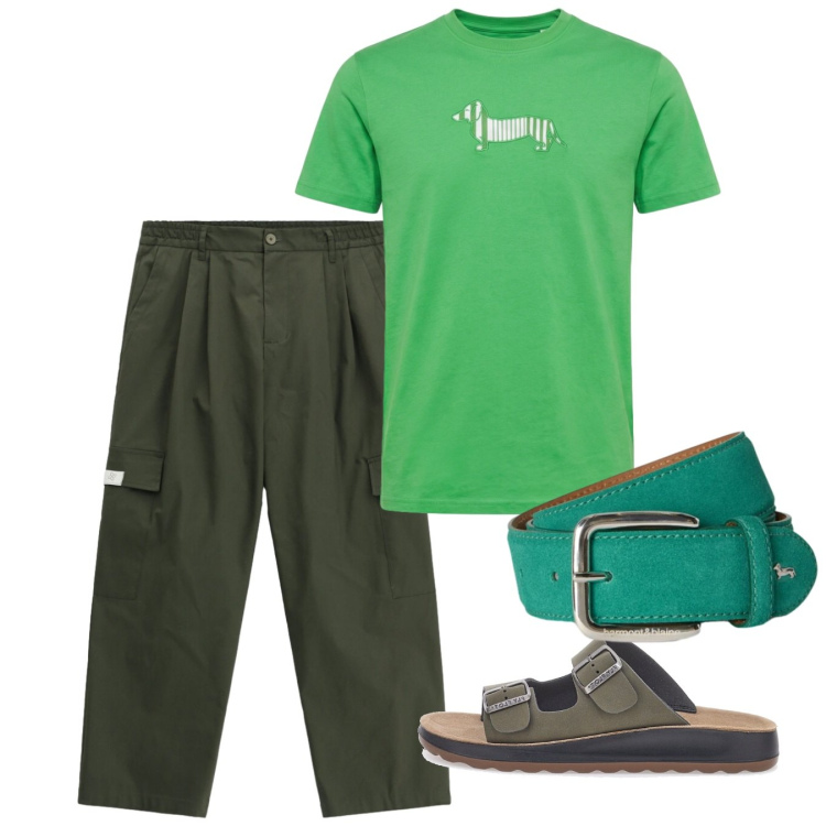 Outfit uomo - Green zone. Stile Casual per Tutti i giorni. Abbinamento con pantaloni cargo, t-shirt, cinture, sandali.
