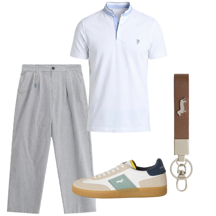 Outfit uomo - Agosto. Stile Casual per Tutti i giorni. Abbinamento con polo, sneakers, portachiavi, pantaloni.
