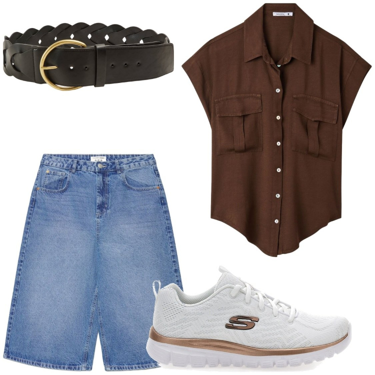 Outfit donna - Passeggiate in montagna. Stile Chic per Tutti i giorni. Abbinamento con pantaloni corti, camicie a manica corta, cinture, scarpe sportive.