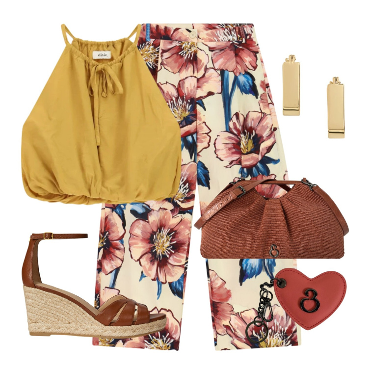 Outfit donna - Top color ocra. Stile Casual per Tutti i giorni. Abbinamento con top, pantaloni a palazzo, orecchini, zeppe, clutch, portachiavi.