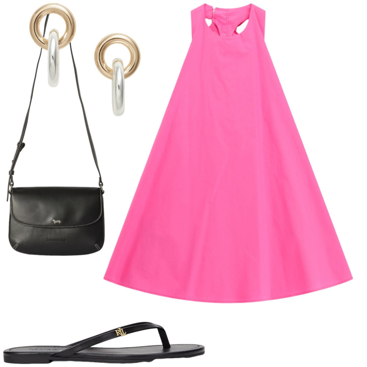Outfit donna - Abbronzatissima. Stile Casual chic per Tutti i giorni. Abbinamento con borse a tracolla, vestiti corti, orecchini, ciabatte.