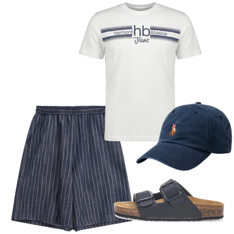 Outfit uomo - Agosto. Stile Casual per Tutti i giorni. Abbinamento con t-shirt, bermuda, cappelli, sandali.