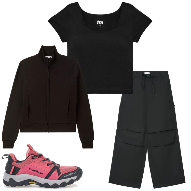 Outfit donna - Ponte di legno. Stile Casual per Tutti i giorni. Abbinamento con pantaloni cargo, felpe sportive, t-shirt sportive, scarpe sportive.
