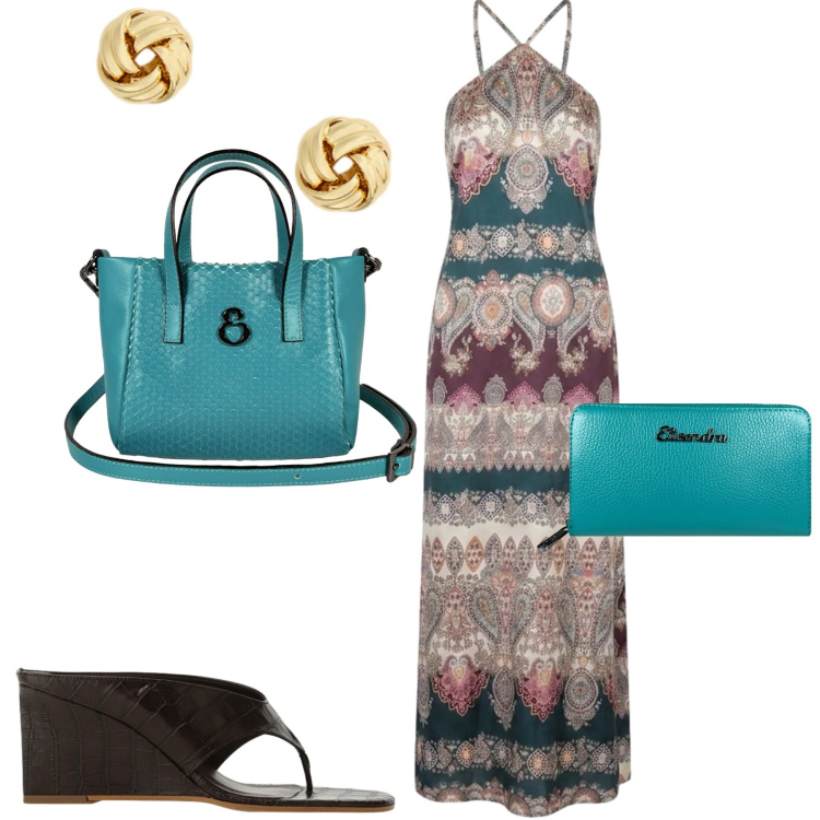 Outfit donna - Nina Lie. Stile Etnico per Mare. Abbinamento con sandali, vestiti lunghi, orecchini, portafogli, borse a mano.