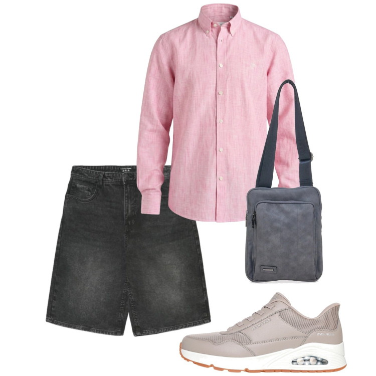 Outfit uomo - Agosto. Stile Casual per Tutti i giorni. Abbinamento con camicie, shorts, portafogli, sneakers.