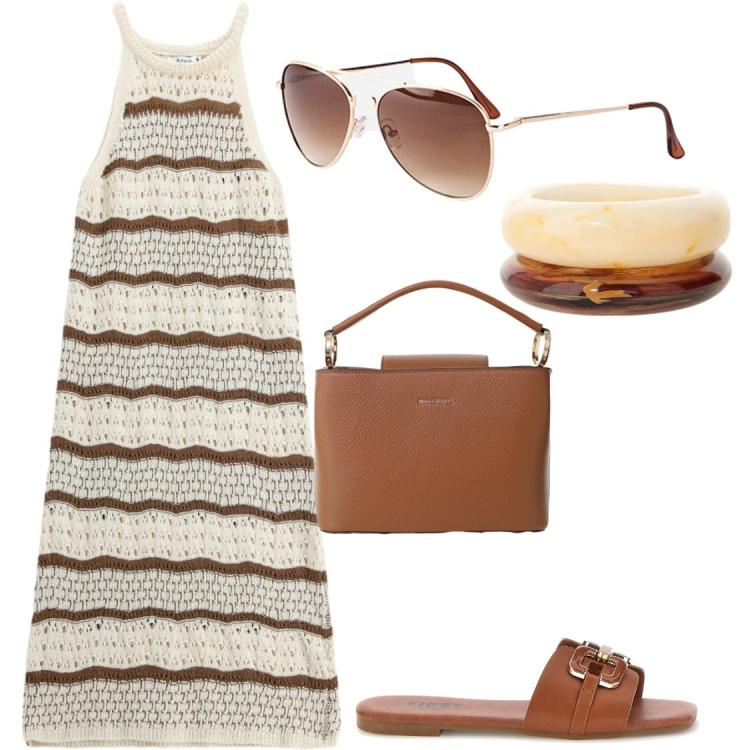 Outfit donna - I vestiti traforati. Stile Chic per Tutti i giorni. Abbinamento con occhiali da sole, borse a secchiello, vestiti midi/longuette, braccialetti, ciabatte.