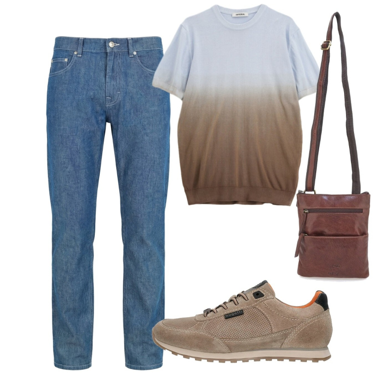 Outfit uomo - Agosto. Stile Casual per Tutti i giorni. Abbinamento con t-shirt, jeans, portafogli, sneakers.