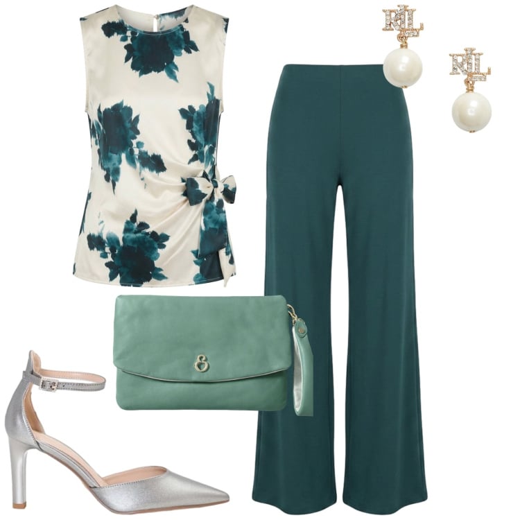 Outfit donna - Nina Lie. Stile Chic per Cerimonia. Abbinamento con décolleté, pantaloni a palazzo, top, orecchini, pochette.