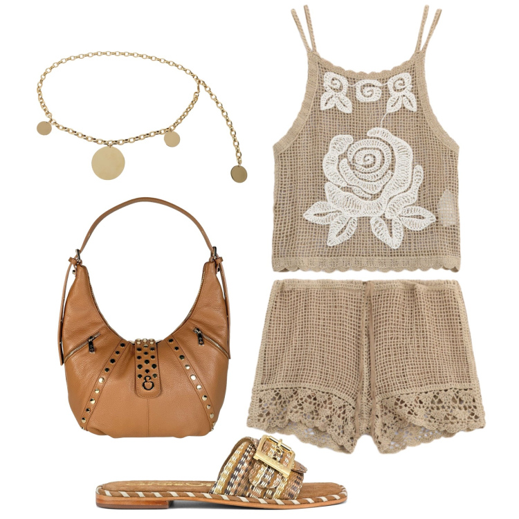 Outfit donna - Dettagli crochet e ricami. Stile Trendy per Tutti i giorni. Abbinamento con shorts, cinture, top, borse a spalla, ciabatte.