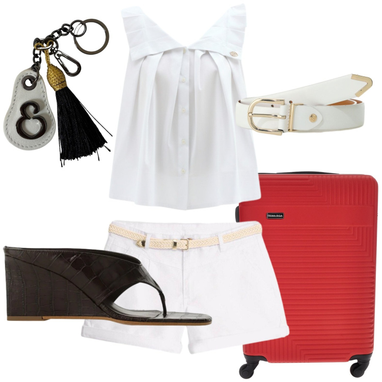 Outfit donna - Summer Holidays. Stile Glamour per Tutti i giorni. Abbinamento con shorts, bluse, sandali, cinture, portachiavi, valigie.
